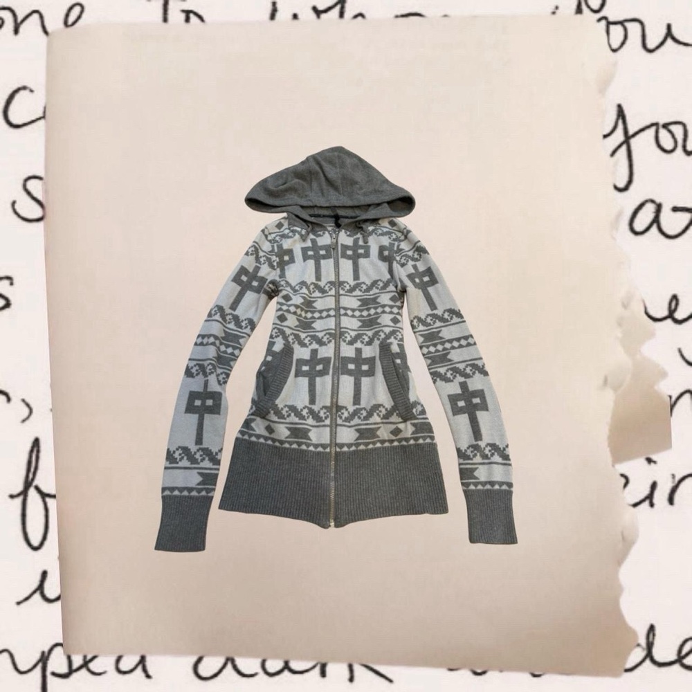 seasonal patterned grunge knit zip up hoodie